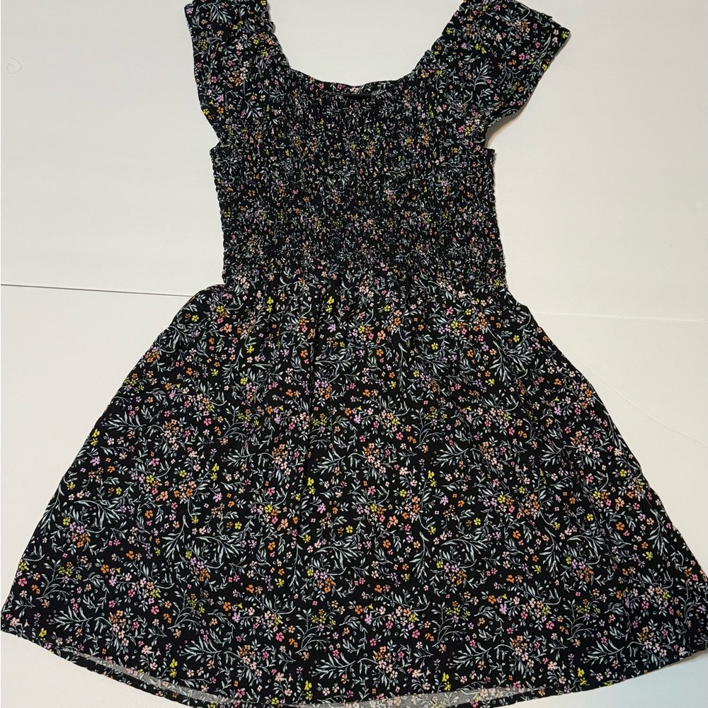 art class Black Floral Smocked Casual Dress with Pink Yellow Green Accents